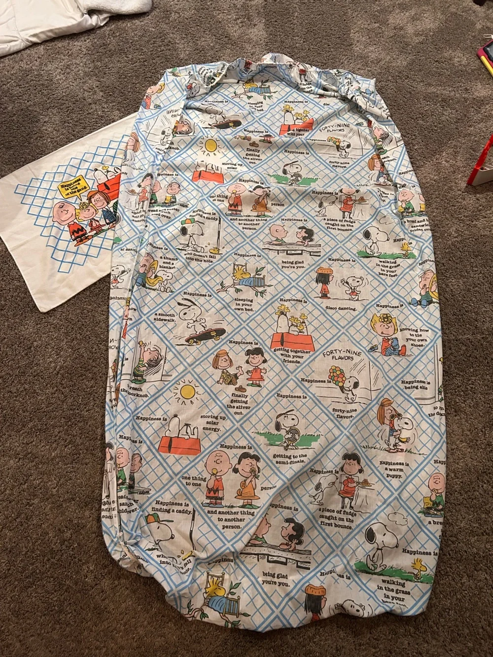 Vintage 1971 Snoopy Peanuts HAPPINESS IS Twin Fitted Sheet & Pillowcase